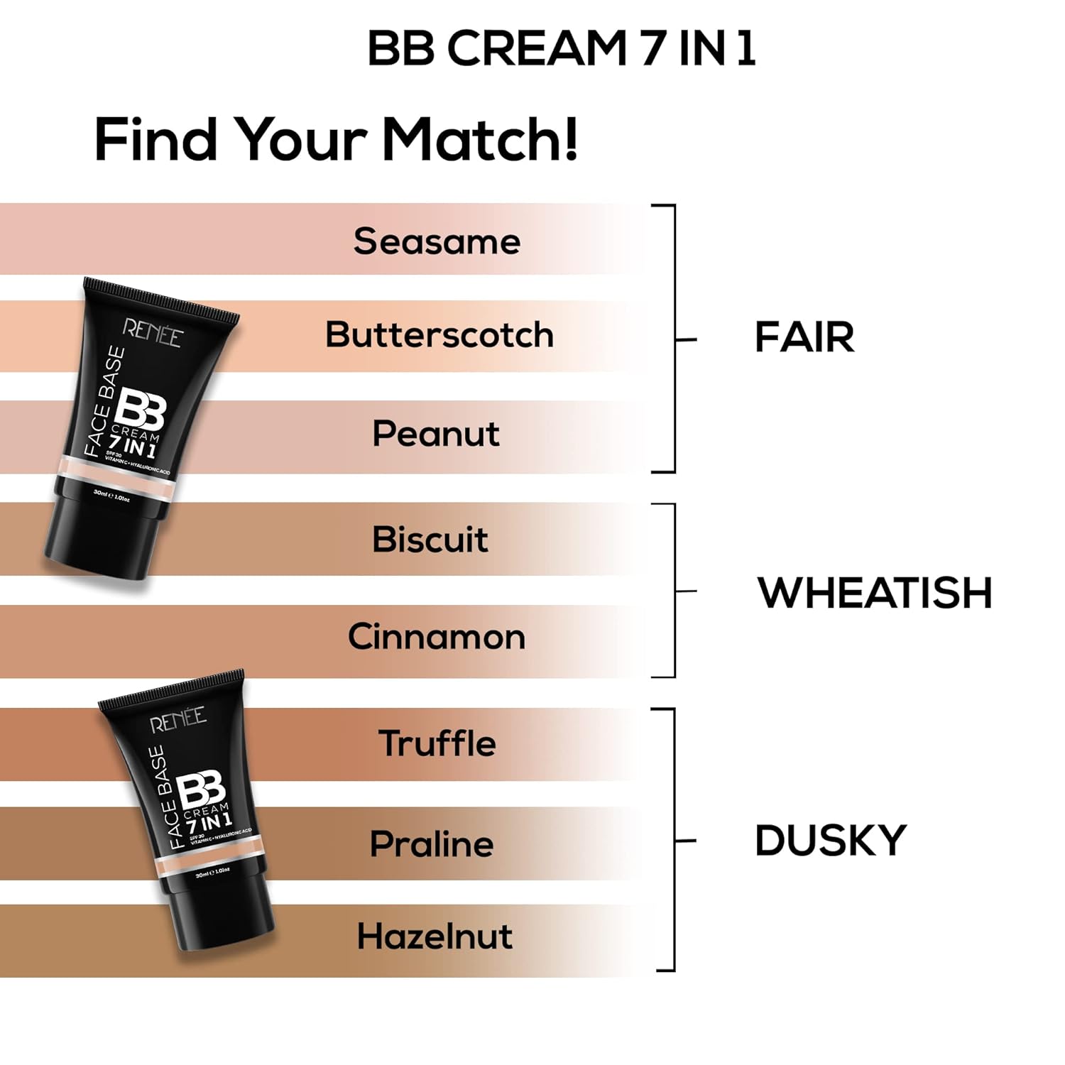 RENEE 7-In-1 Face Base BB Cream SPF 30 - B03 Biscuit (30ml)